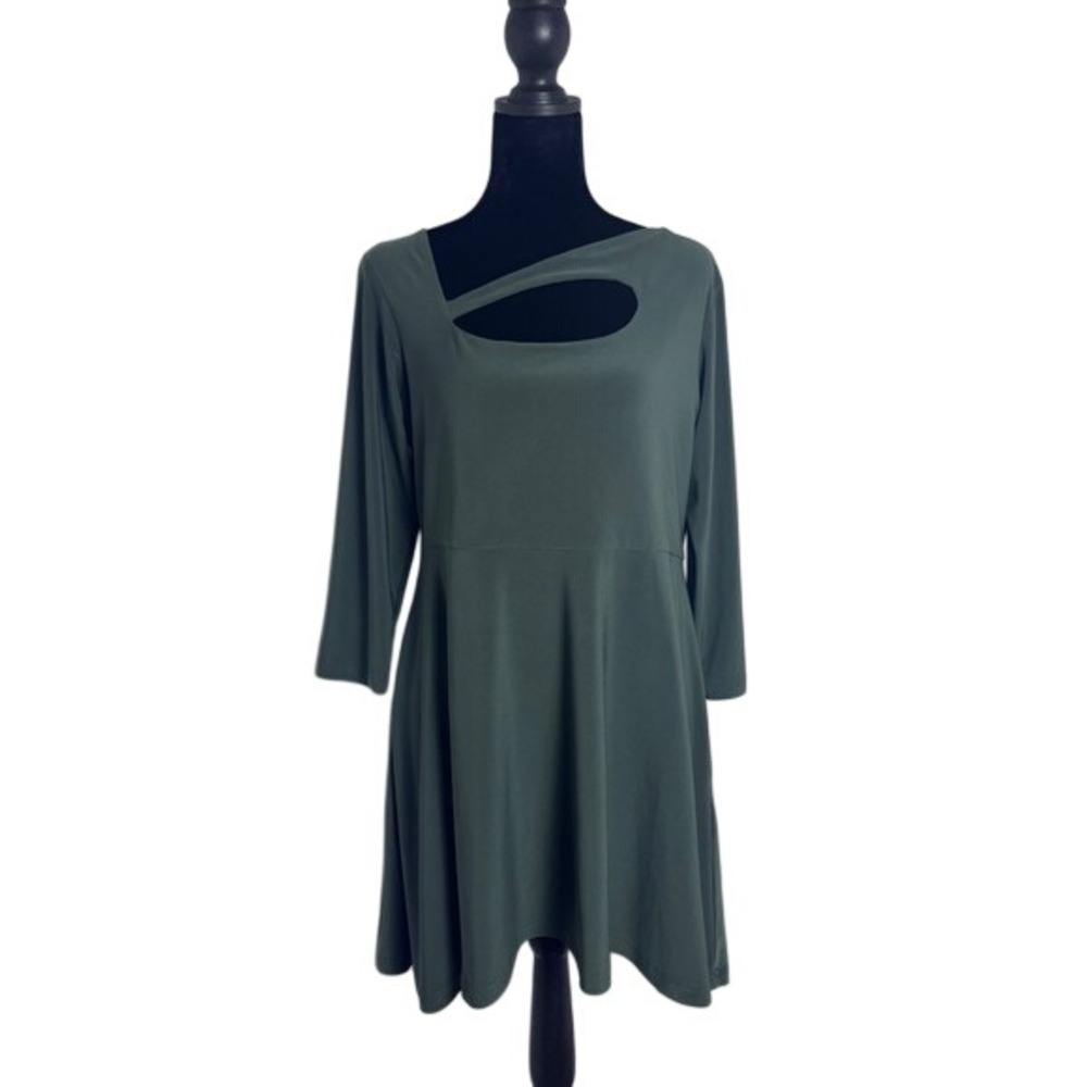 Sympli Dress Women Size 10 Olive Green Excellent Asymmetrical Cutout 3/4 Sleeve